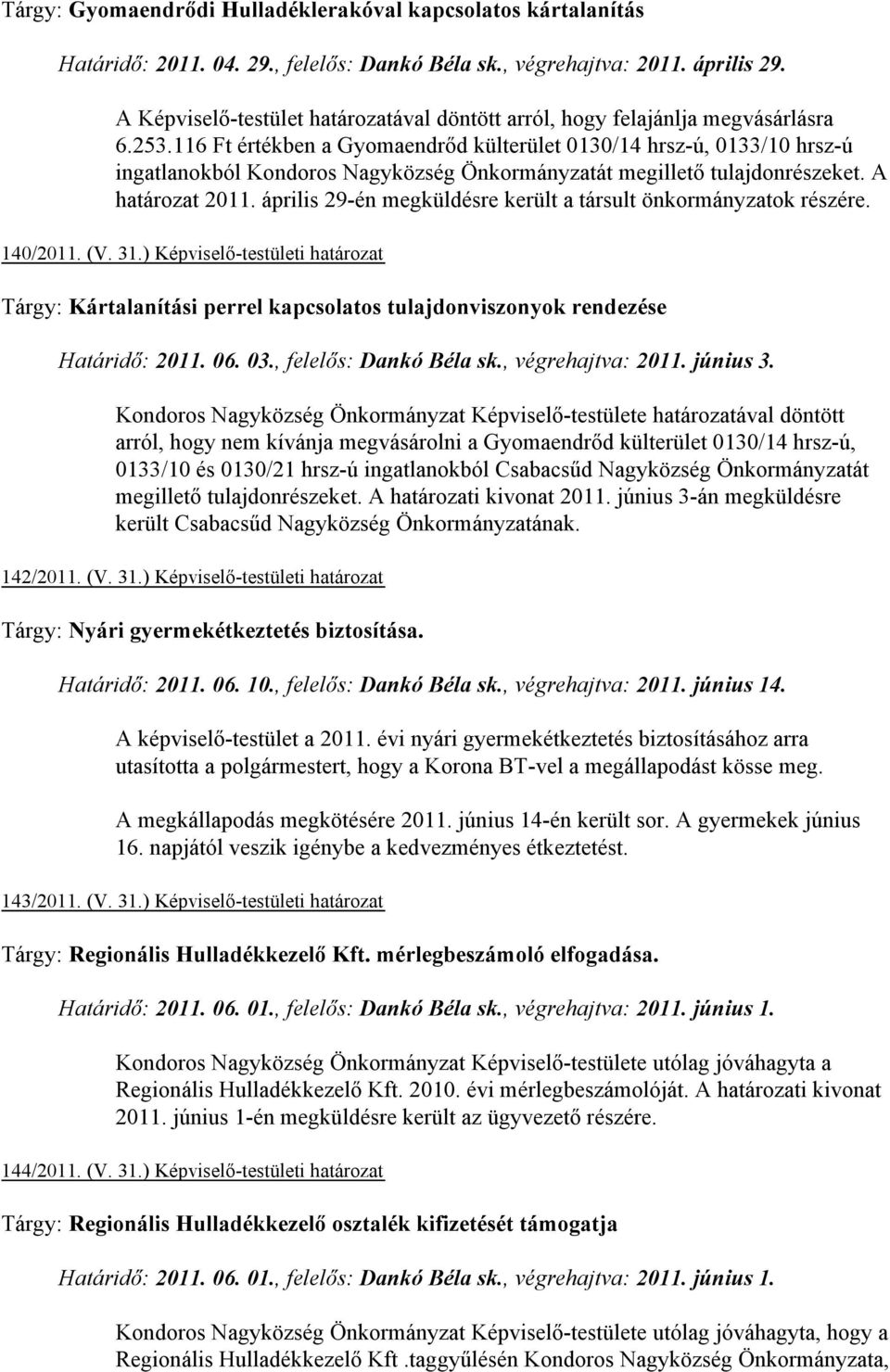 116 Ft értékben a Gyomaendrőd külterület 0130/14 hrsz-ú, 0133/10 hrsz-ú ingatlanokból Kondoros Nagyközség Önkormányzatát megillető tulajdonrészeket. A határozat 2011.