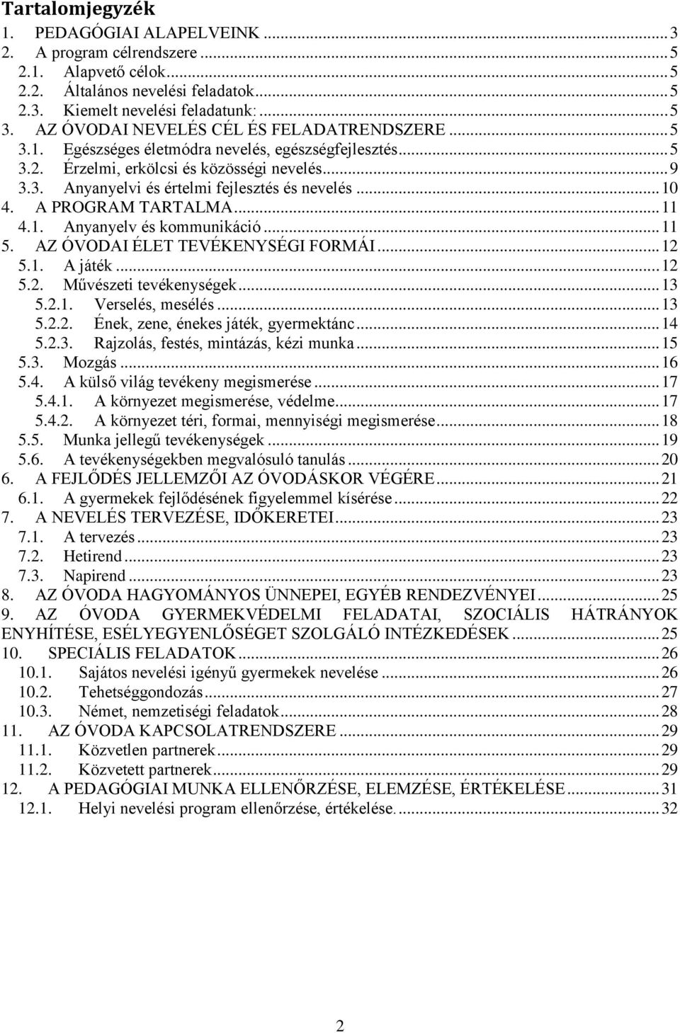 .. 10 4. A PROGRAM TARTALMA... 11 4.1. Anyanyelv és kommunikáció... 11 5. AZ ÓVODAI ÉLET TEVÉKENYSÉGI FORMÁI... 12 5.1. A játék... 12 5.2. Művészeti tevékenységek... 13 5.2.1. Verselés, mesélés... 13 5.2.2. Ének, zene, énekes játék, gyermektánc.