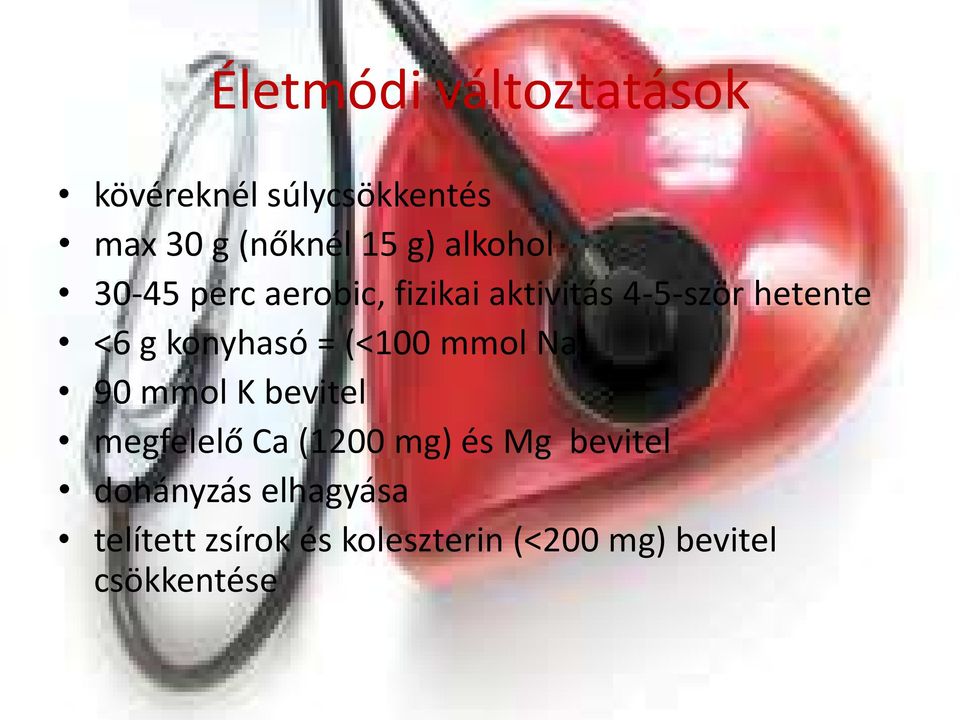 konyhasó = (<100 mmol Na) 90 mmol K bevitel megfelelő Ca (1200 mg) és Mg