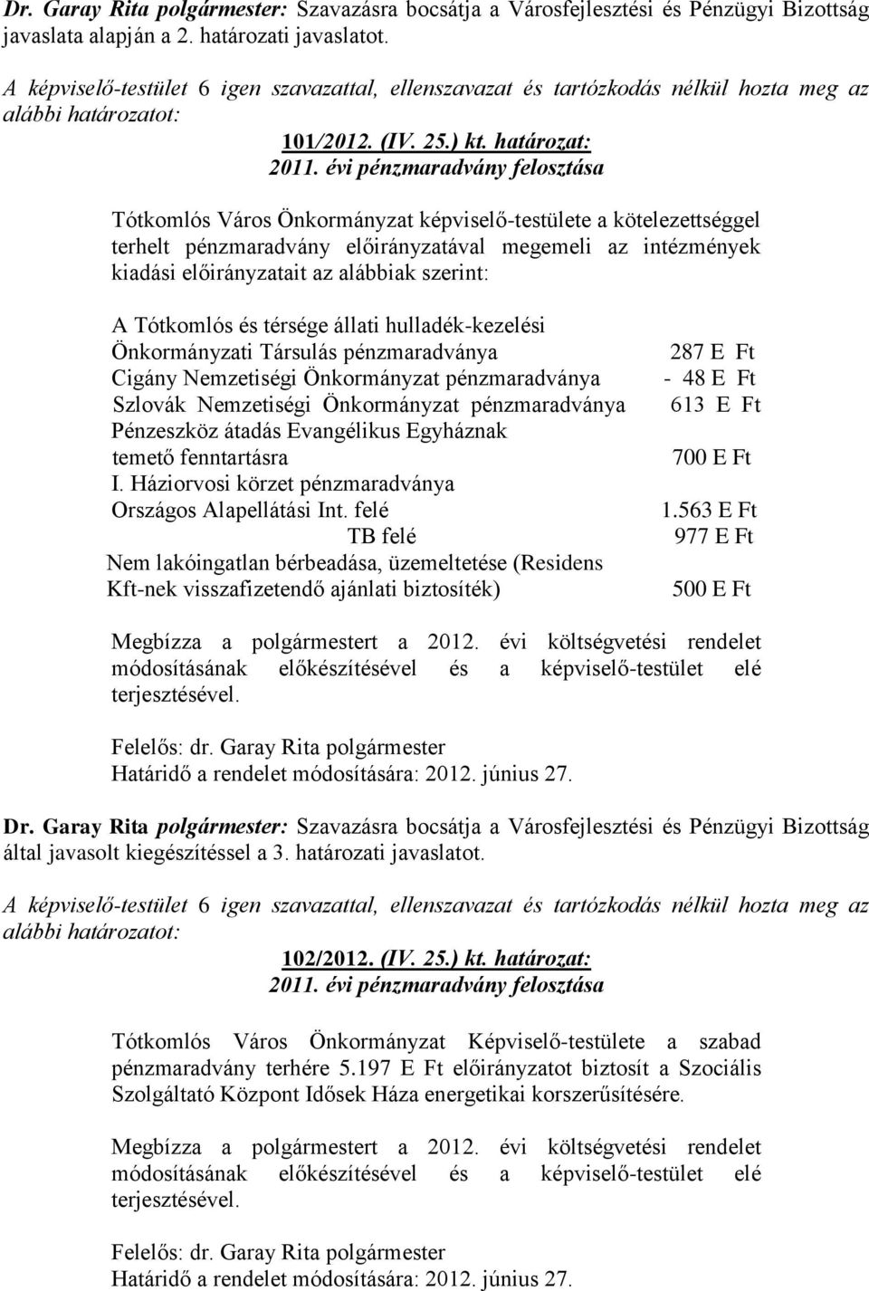 szerint: A Tótkomlós és térsége állati hulladék-kezelési Önkormányzati Társulás pénzmaradványa Cigány Nemzetiségi Önkormányzat pénzmaradványa Szlovák Nemzetiségi Önkormányzat pénzmaradványa