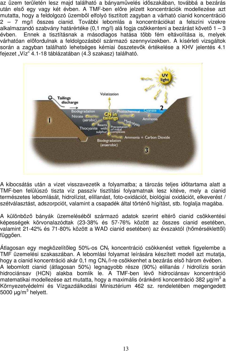 További lebomlás a koncentrációkat a felszíni vizekre alkalmazandó szabvány határértéke (0,1 mg/l) alá fogja csökkenteni a bezárást követı 1 3 évben.