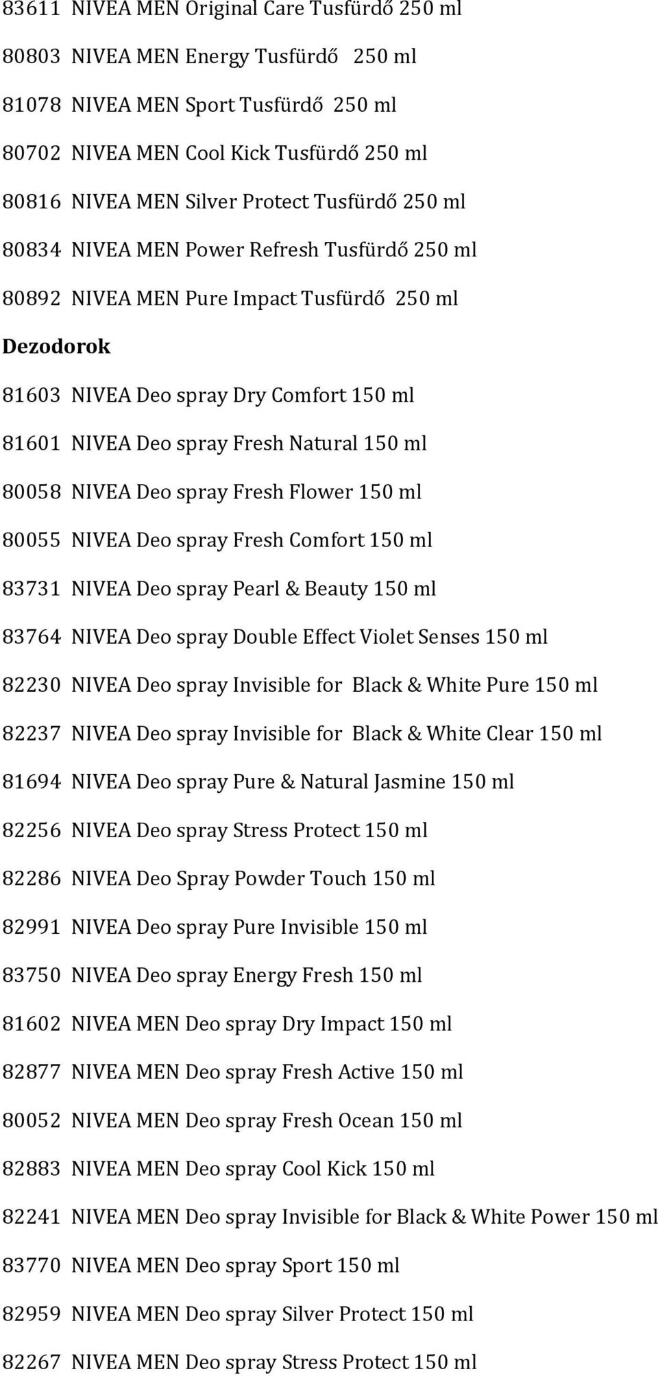 80058 NIVEA Deo spray Fresh Flower 150 ml 80055 NIVEA Deo spray Fresh Comfort 150 ml 83731 NIVEA Deo spray Pearl & Beauty 150 ml 83764 NIVEA Deo spray Double Effect Violet Senses 150 ml 82230 NIVEA