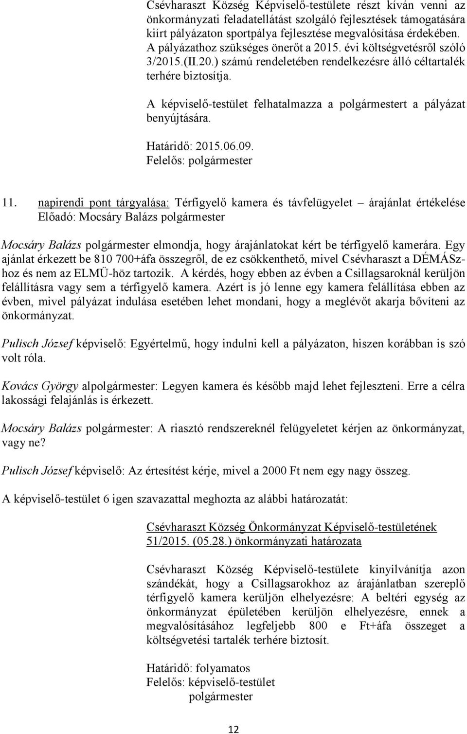 A képviselő-testület felhatalmazza a polgármestert a pályázat benyújtására. Határidő: 2015.06.09. Felelős: polgármester 11.