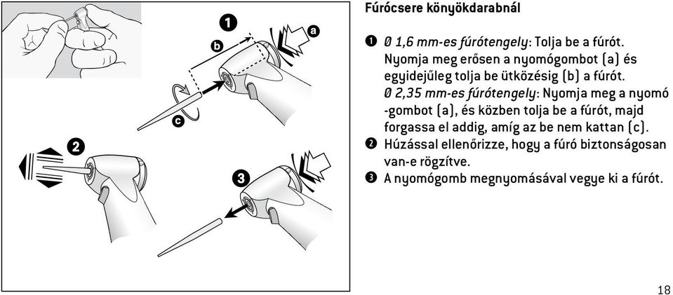 Ø 2,35 mm-es fúrótengely: Nyomja meg a nyomó -gombot (a), és közben tolja be a fúrót, majd forgassa