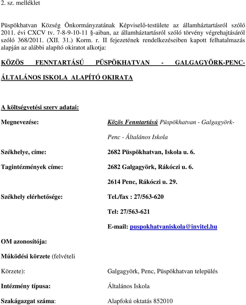 II fejezetének rendelkezéseiben kapott felhatalmazás alapján az alábbi alapító okiratot alkotja: KÖZÖS FENNTARTÁSÚ PÜSPÖKHATVAN - GALGAGYÖRK-PENC- ÁLTALÁNOS ISKOLA ALAPÍTÓ OKIRATA A költségvetési