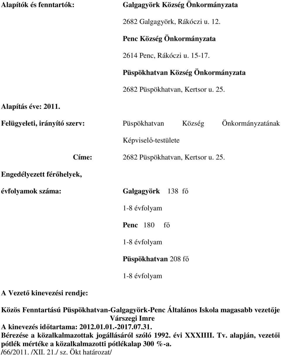 Felügyeleti, irányító szerv: Püspökhatvan Község Önkormányzatának Képviselő-testülete Címe: 2682 Püspökhatvan, Kertsor u. 25.