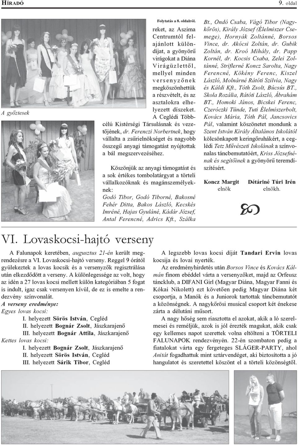 A Ceglédi Többcélú Kistérségi Társulásnak és vezetõjének, dr. Ferenczi Norbertnek, hogy vállalta a zsûrielnökséget és nagyobb összegû anyagi támogatást nyújtottak a bál megszervezéséhez.