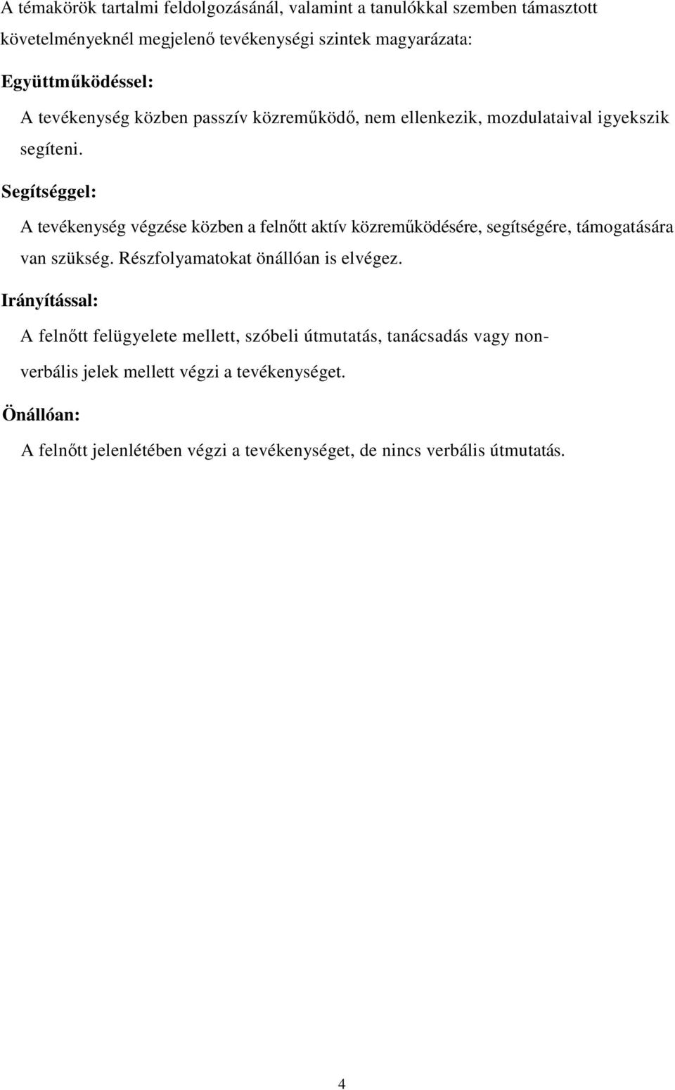 Segítséggel: A tevékenység végzése közben a felnıtt aktív közremőködésére, segítségére, támogatására van szükség. Részfolyamatokat önállóan is elvégez.