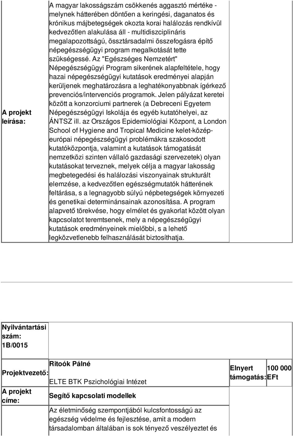 Az "Egészséges Nemzetért" Népegészségügyi Program sikerének alapfeltétele, hogy hazai népegészségügyi kutatások eredményei alapján kerüljenek meghatározásra a leghatékonyabbnak ígérkező