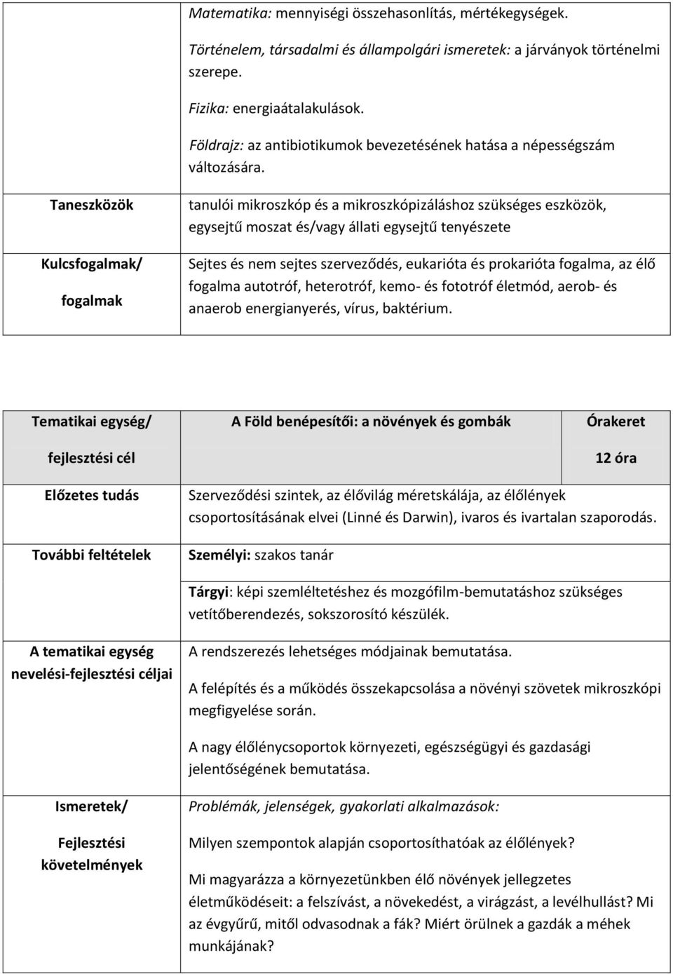 Taneszközök Kulcsfogalmak/ fogalmak tanulói mikroszkóp és a mikroszkópizáláshoz szükséges eszközök, egysejtű moszat és/vagy állati egysejtű tenyészete Sejtes és nem sejtes szerveződés, eukarióta és