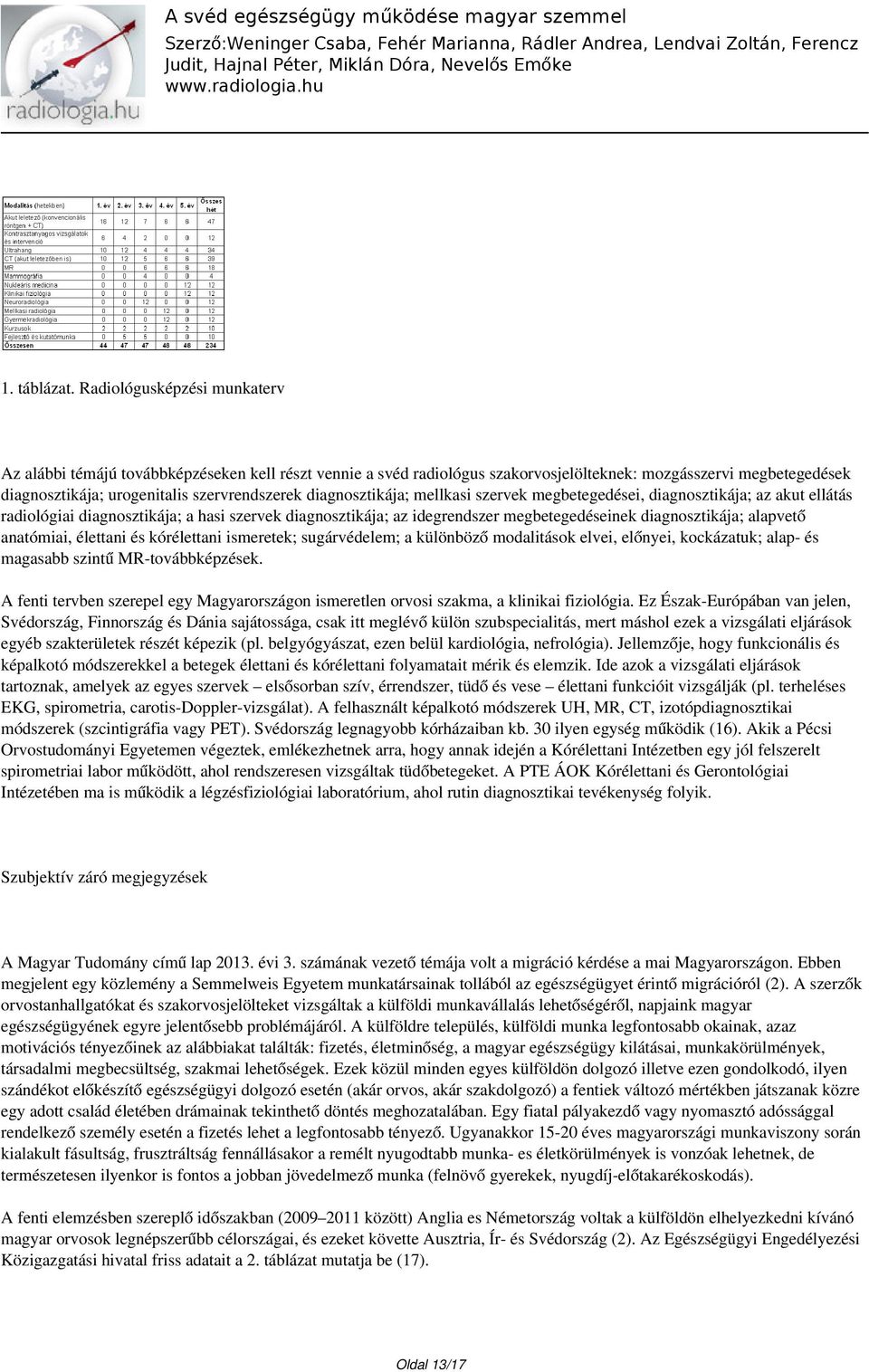 diagnosztikája; mellkasi szervek megbetegedései, diagnosztikája; az akut ellátás radiológiai diagnosztikája; a hasi szervek diagnosztikája; az idegrendszer megbetegedéseinek diagnosztikája; alapvető