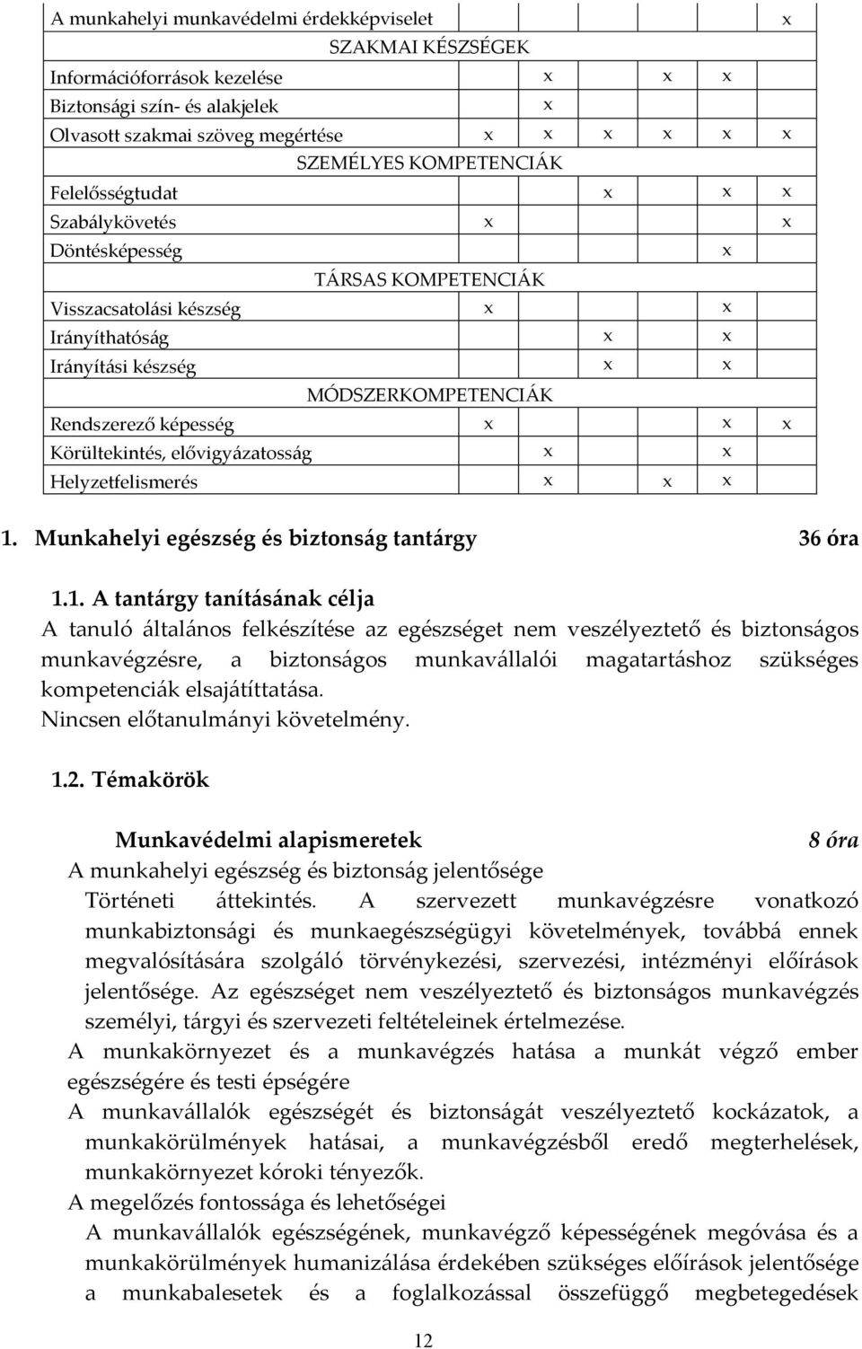 1. Munkahelyi egészség és biztonság tantárgy 36 óra 1.1. A tantárgy tanításának célja A tanuló általános felkészítése az egészséget nem veszélyeztető és biztonságos munkavégzésre, a biztonságos