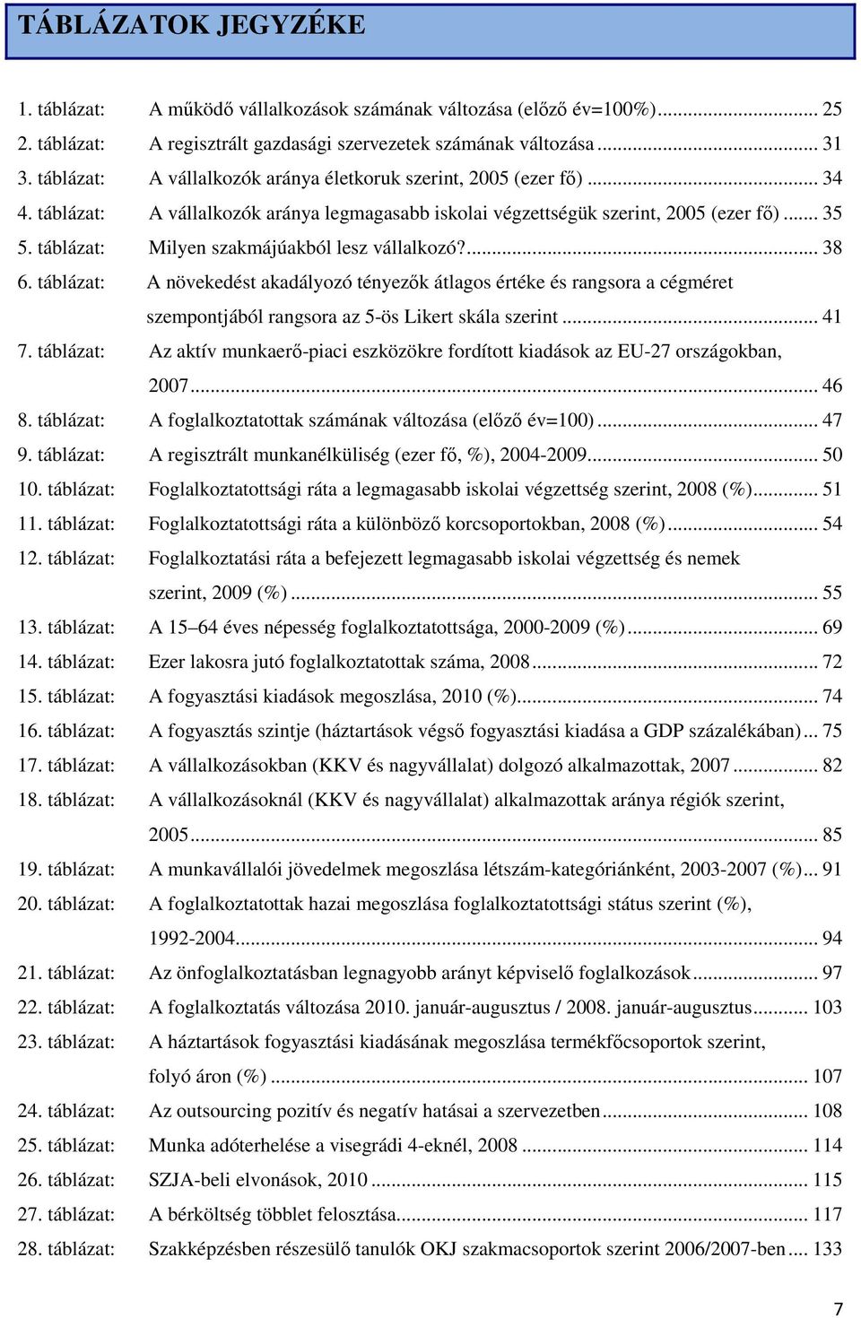 táblázat: Milyen szakmájúakból lesz vállalkozó?... 38 6. táblázat: A növekedést akadályozó tényezık átlagos értéke és rangsora a cégméret szempontjából rangsora az 5-ös Likert skála szerint... 41 7.
