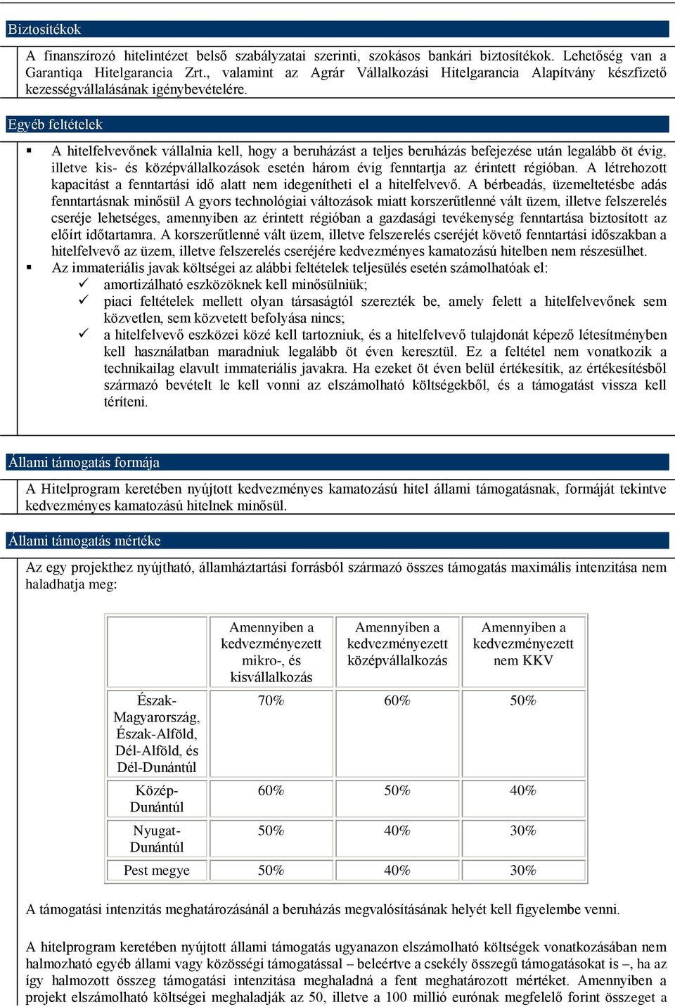 Egyéb feltételek A hitelfelvevőnek vállalnia kell, hogy a beruházást a teljes beruházás befejezése után legalább öt évig, illetve kis- és középvállalkozások esetén három évig fenntartja az érintett