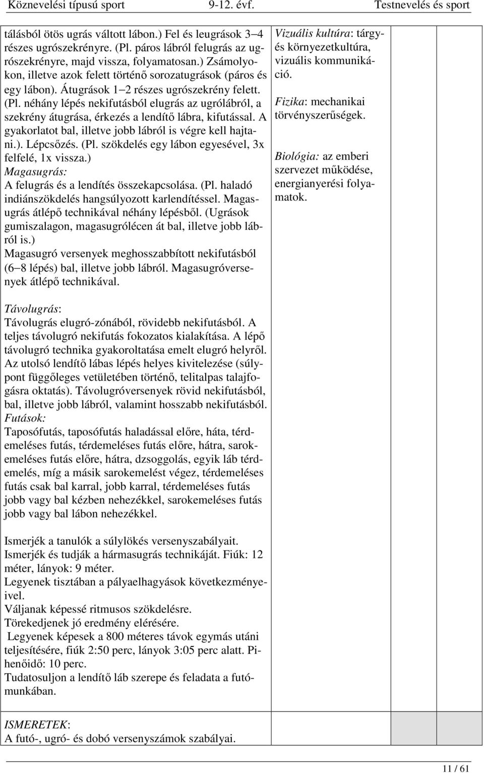 néhány lépés nekifutásból elugrás az ugrólábról, a szekrény átugrása, érkezés a lendítő lábra, kifutással. A gyakorlatot bal, illetve jobb lábról is végre kell hajtani.). Lépcsőzés. (Pl.