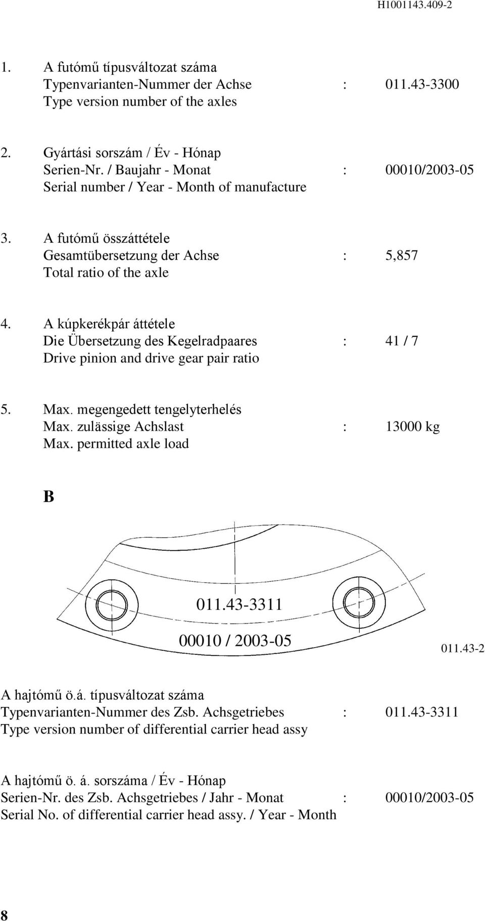 A kúpkerékpár áttétele Die Übersetzung des Kegelradpaares : / 7 Drive pinion and drive gear pair ratio. Max. megengedett tengelyterhelés Max. zulässige Achslast : 000 kg Max. permitted axle load B 0.