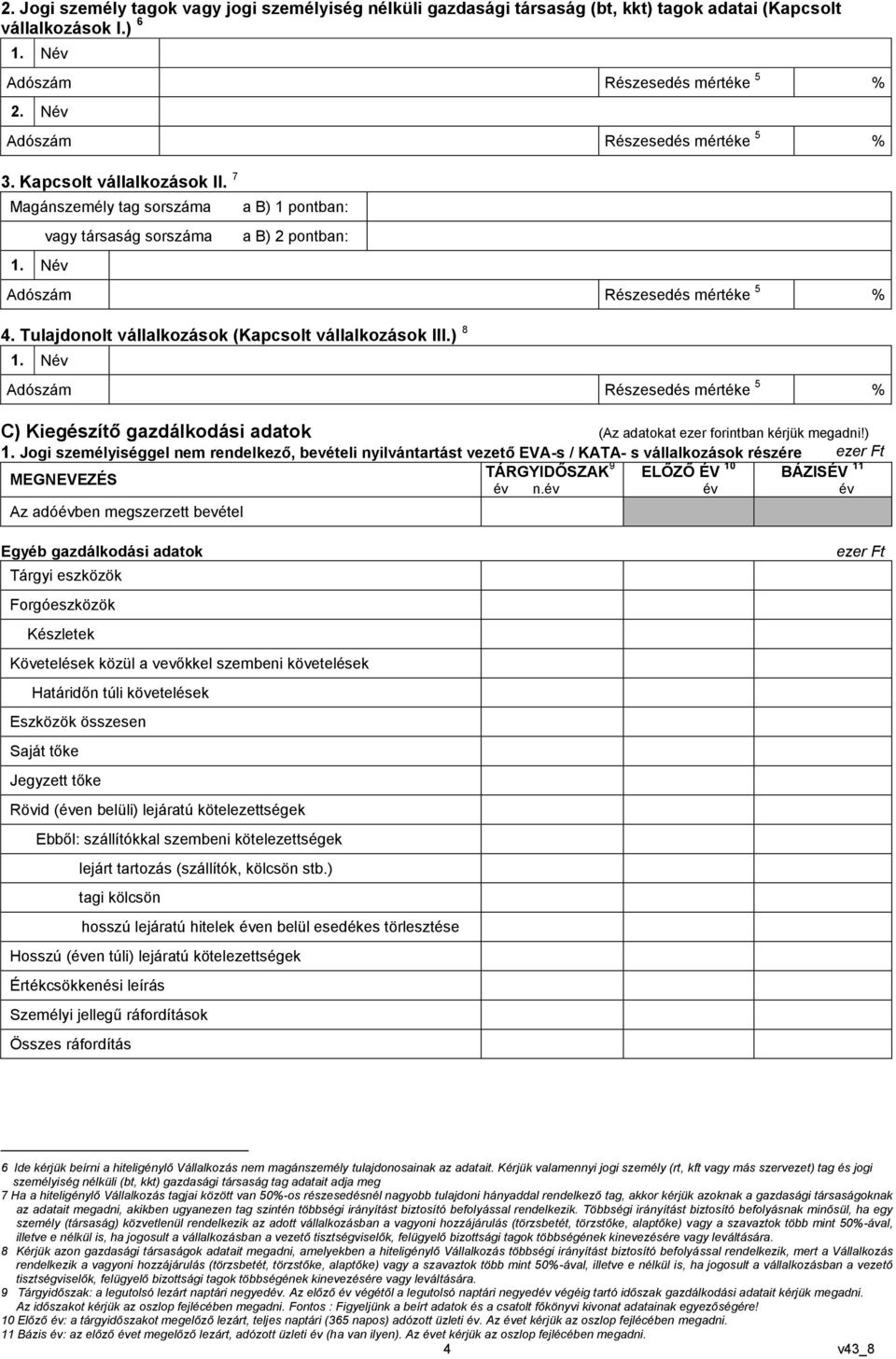 Tulajdonolt vállalkozások (Kapcsolt vállalkozások III.) 8 1. Név Adószám Részesedés mértéke 5 % C) Kiegészítő gazdálkodási adatok (Az adatokat ezer forintban kérjük megadni!) 1.