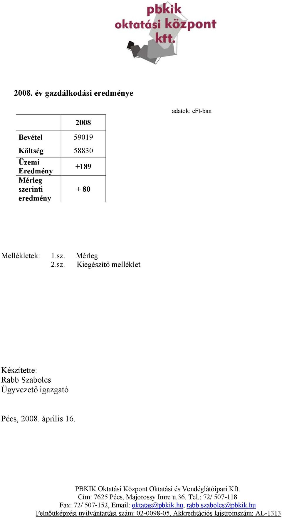 PBKIK Oktatási Központ Oktatási és Vendéglátóipari Kft. Cím: 7625 Pécs, Majorossy Imre u.36. Tel.