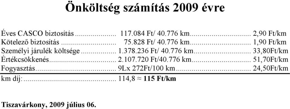 .. 1,90 Ft/km Személyi járulék költsége... 1.378.236 Ft/ 40.776 km.