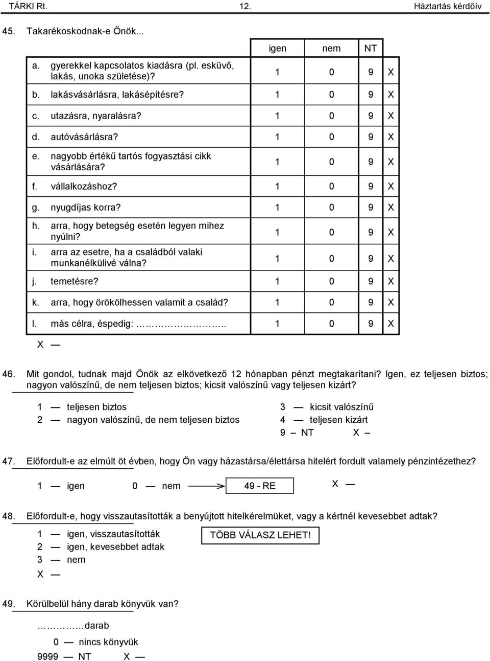 arra, hogy betegség esetén legyen mihez nyúlni? i. arra az esetre, ha a családból valaki munkanélkülivé válna? 0 9 X 0 9 X j. temetésre? 0 9 X k. arra, hogy örökölhessen valamit a család? 0 9 X l.