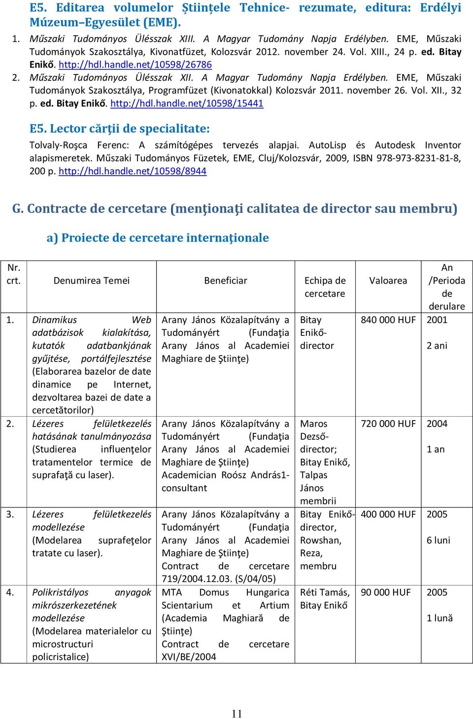 A Magyar Tudomány Napja Erdélyben. EME, Műszaki Tudományok Szakosztálya, Programfüzet (Kivonatokkal) Kolozsvár 2011. november 26. Vol. XII., 32 p. ed. Enikő. http://hdl.handle.net/10598/15441 E5.