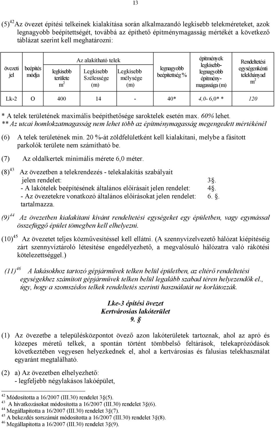 Rendeltetési egységenkénti telekhányad m 2 Lk-2 O 400 14-40* 4,0-6,0* * 120 * A telek területének maximális beépíthetősége saroktelek esetén max. 60% lehet.