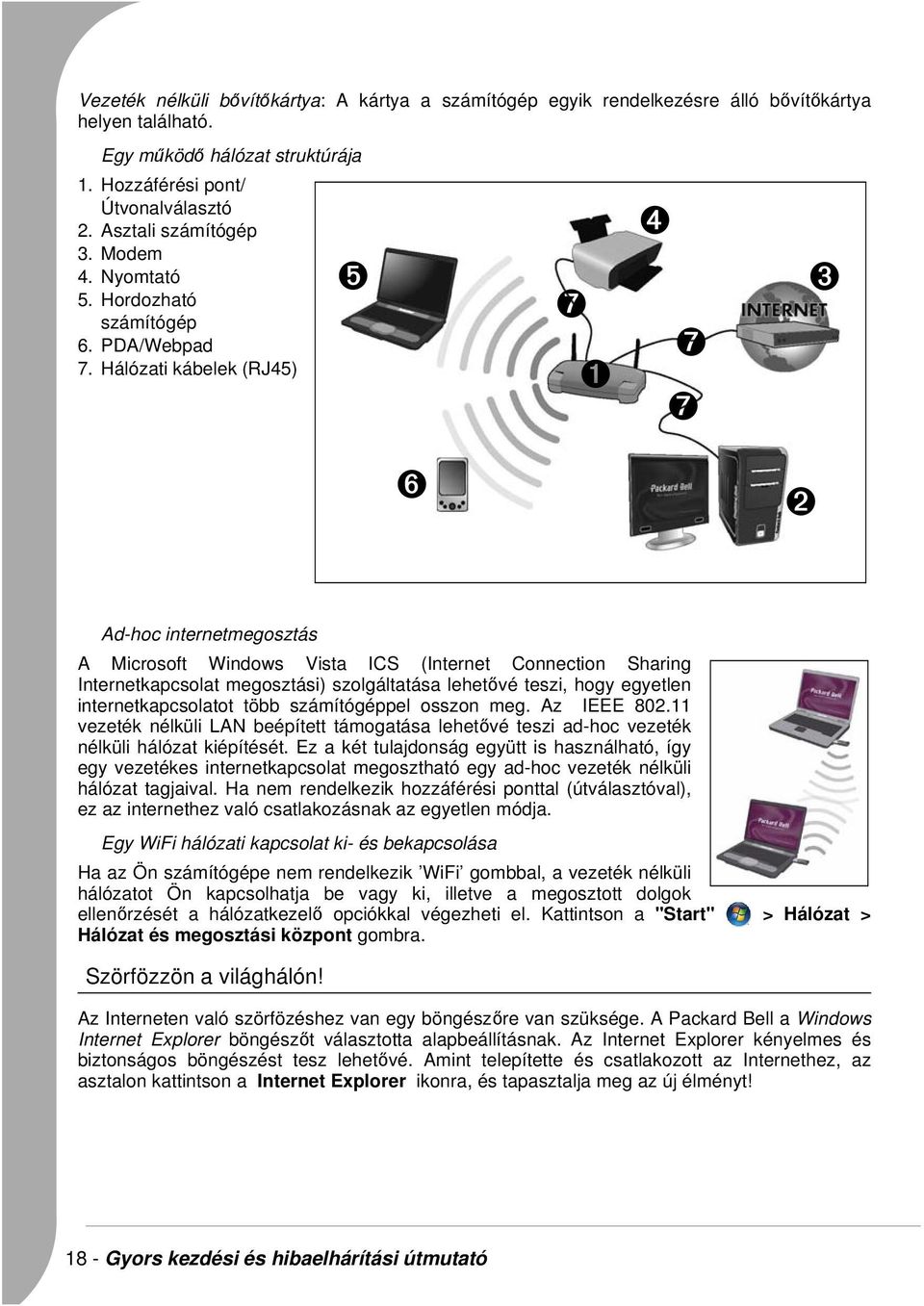 Hálózati kábelek (RJ45) ➊ ➐ ➏ ➋ Ad-hoc internetmegosztás A Microsoft Windows Vista ICS (Internet Connection Sharing Internetkapcsolat megosztási) szolgáltatása lehetővé teszi, hogy egyetlen