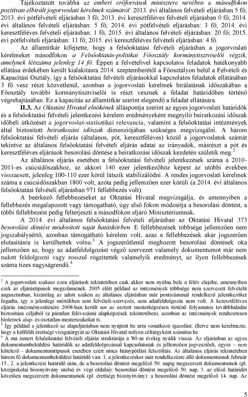 évi keresztféléves felvételi eljárásban: 1 fő; 2015. évi általános felvételi eljárásban: 20 fő; 2015. évi pótfelvételi eljárásban: 11 fő; 2015. évi keresztféléves felvételi eljárásban: 4 fő.