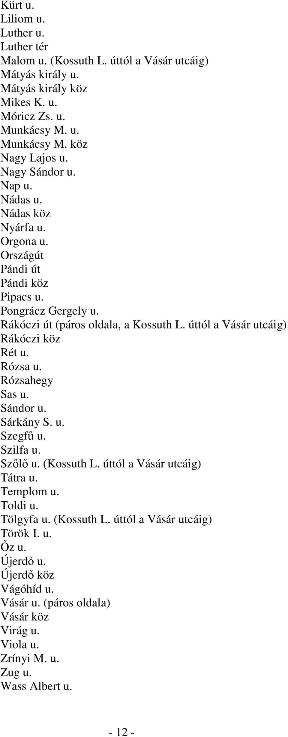 úttól a Vásár utcáig) Rákóczi köz Rét u. Rózsa u. Rózsahegy Sas u. Sándor u. Sárkány S. u. Szegfű u. Szilfa u. Szőlő u. (Kossuth L. úttól a Vásár utcáig) Tátra u. Templom u.