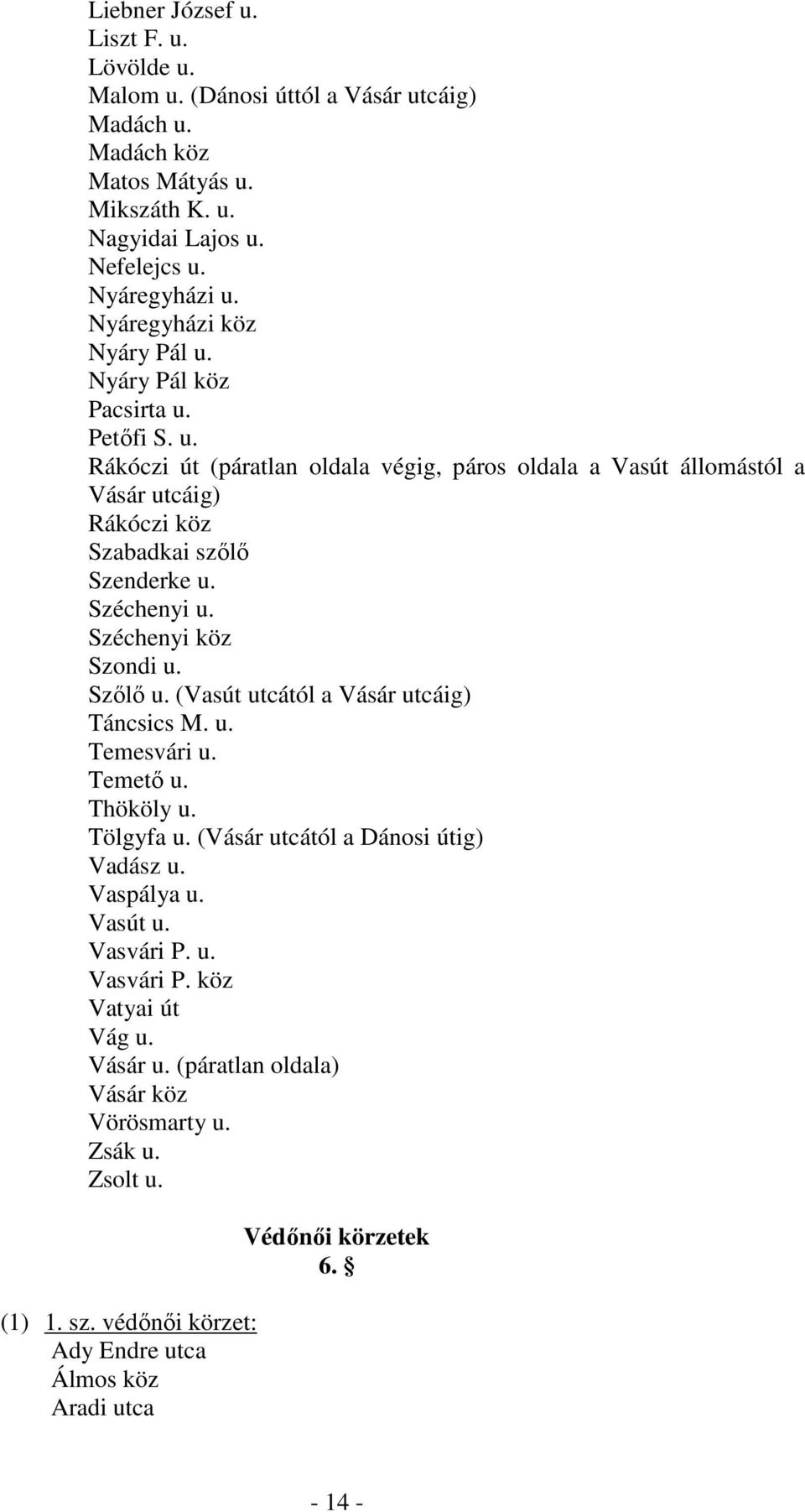 Széchenyi u. Széchenyi köz Szondi u. Szőlő u. (Vasút utcától a Vásár utcáig) Táncsics M. u. Temesvári u. Temető u. Thököly u. Tölgyfa u. (Vásár utcától a Dánosi útig) Vadász u. Vaspálya u.