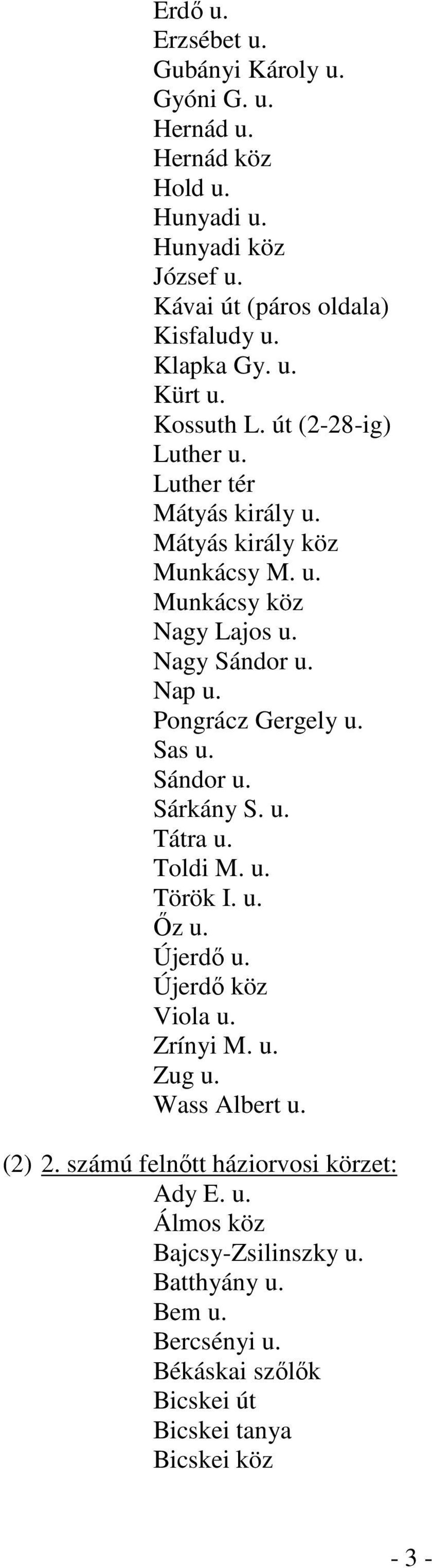 Pongrácz Gergely u. Sas u. Sándor u. Sárkány S. u. Tátra u. Toldi M. u. Török I. u. Őz u. Újerdő u. Újerdő köz Viola u. Zrínyi M. u. Zug u. Wass Albert u. (2) 2.