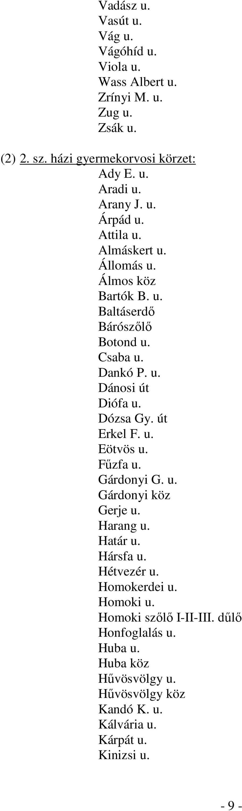 Dózsa Gy. út Erkel F. u. Eötvös u. Fűzfa u. Gárdonyi G. u. Gárdonyi köz Gerje u. Harang u. Határ u. Hársfa u. Hétvezér u. Homokerdei u. Homoki u.