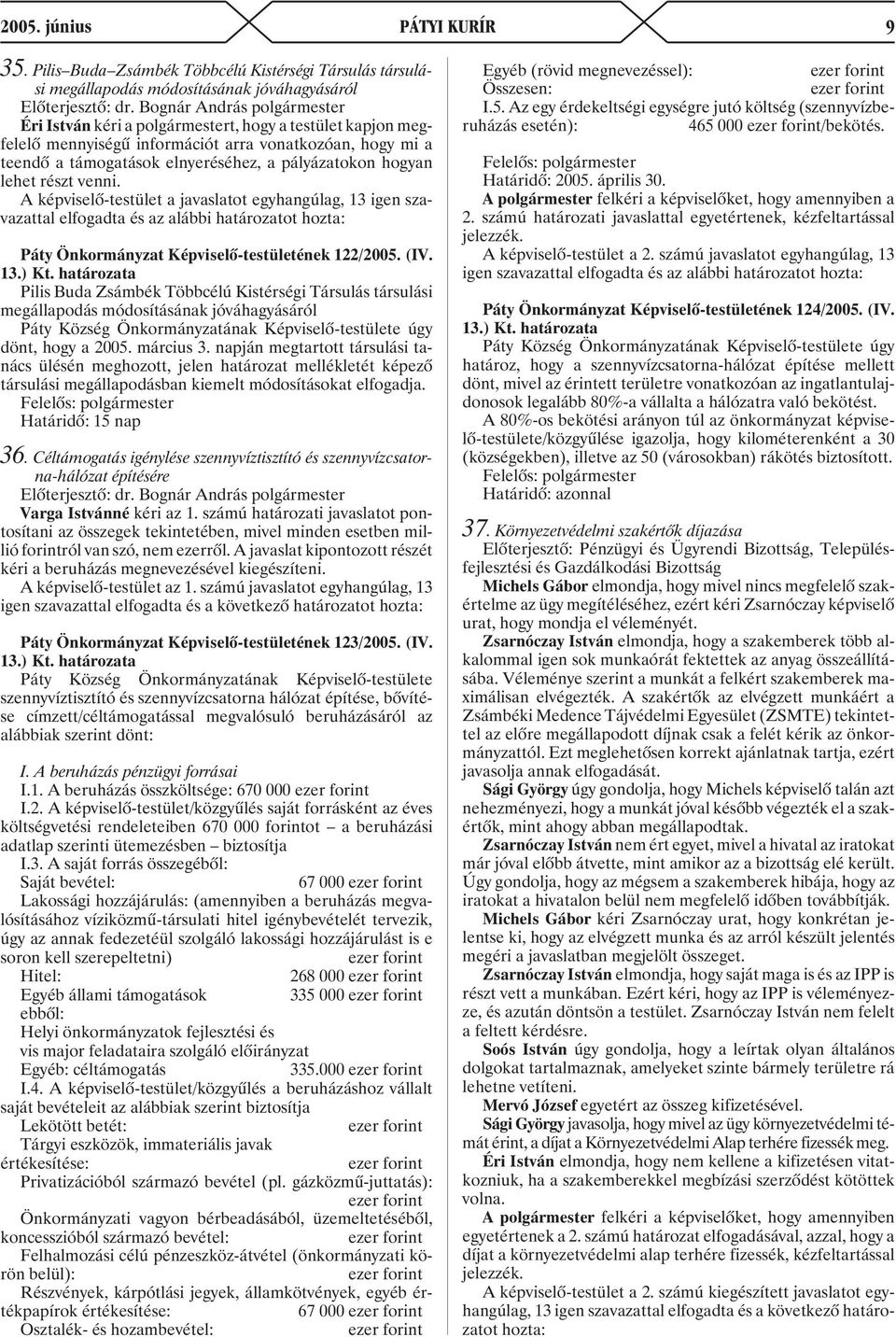 hogyan lehet részt venni. A képviselõ-testület a javaslatot egyhangúlag, 13 igen szavazattal elfogadta és az alábbi határozatot hozta: Páty Önkormányzat Képviselõ-testületének 122/2005. (IV.
