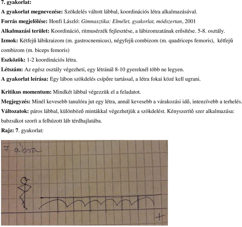 Izmok: Kétfejű lábikraizom (m. gastrocnemicus), négyfejű combizom (m. quadriceps femoris), kétfejű combizom (m. biceps femoris) Eszközök: 1-2 koordinációs létra.