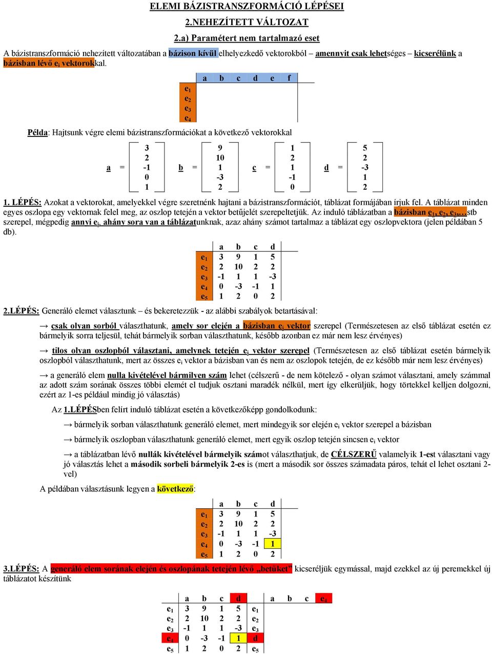 e 1 e 2 e 3 e 4 e f Példa: Hajtsunk végre elemi bázistranszformációkat a következő vektorokkal 3 9 1 5 2 10 2 2 a = -1 b = 1 c = 1 d = -3 0-3 -1 1 1 2 0 2 1.