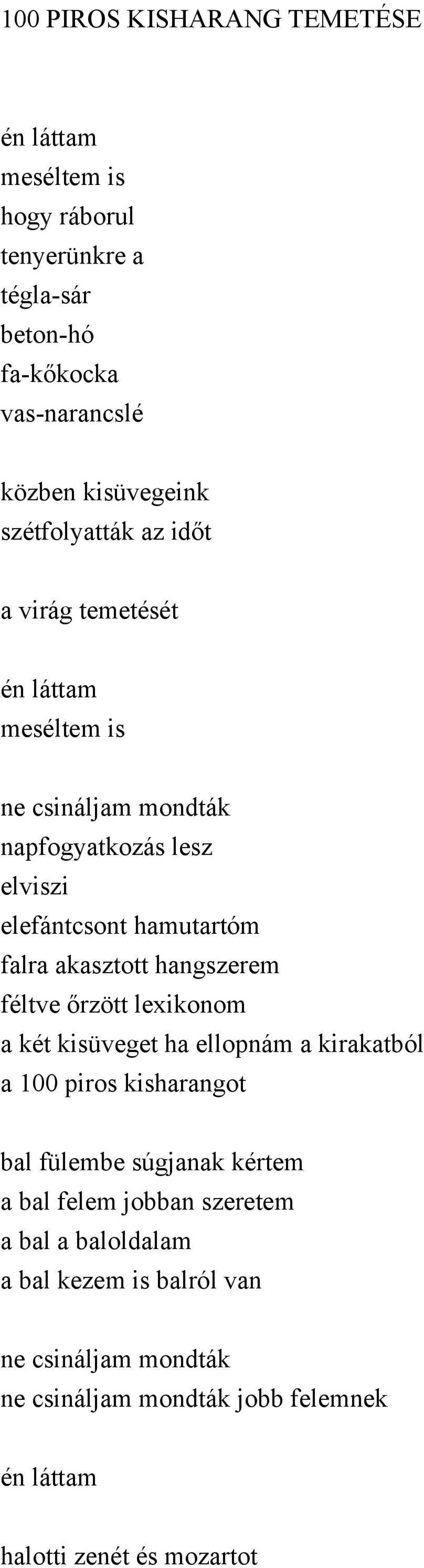 akasztott hangszerem féltve őrzött lexikonom a két kisüveget ha ellopnám a kirakatból a 100 piros kisharangot bal fülembe súgjanak kértem a bal