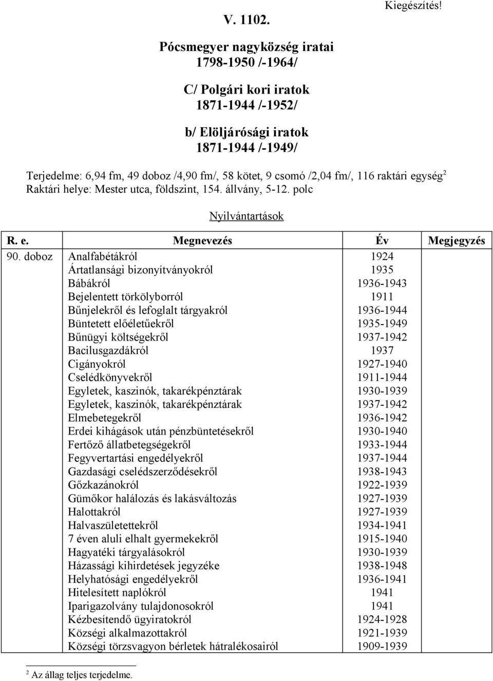 utca, földszint, 154. állvány, 5-12. polc Nyilvántartások R. e. Megnevezés Év Megjegyzés 90.