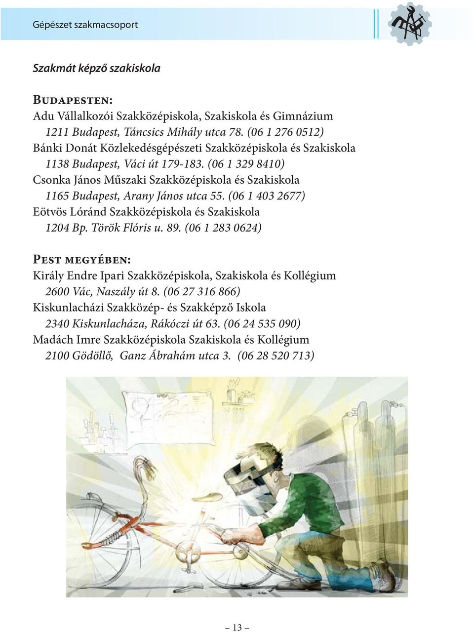 (06 1 329 8410) Csonka János Műszaki Szakközépiskola és Szakiskola 1165 Budapest, Arany János utca 55. (06 1 403 2677) Eötvös Lóránd Szakközépiskola és Szakiskola 1204 Bp. Török Flóris u. 89.