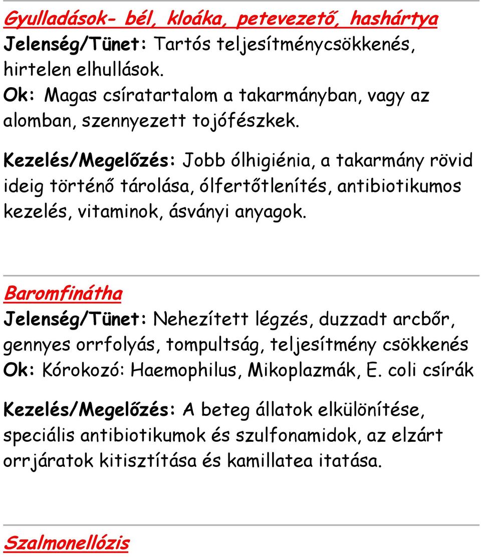 Kezelés/Megelőzés: Jobb ólhigiénia, a takarmány rövid ideig történő tárolása, ólfertőtlenítés, antibiotikumos kezelés, vitaminok, ásványi anyagok.