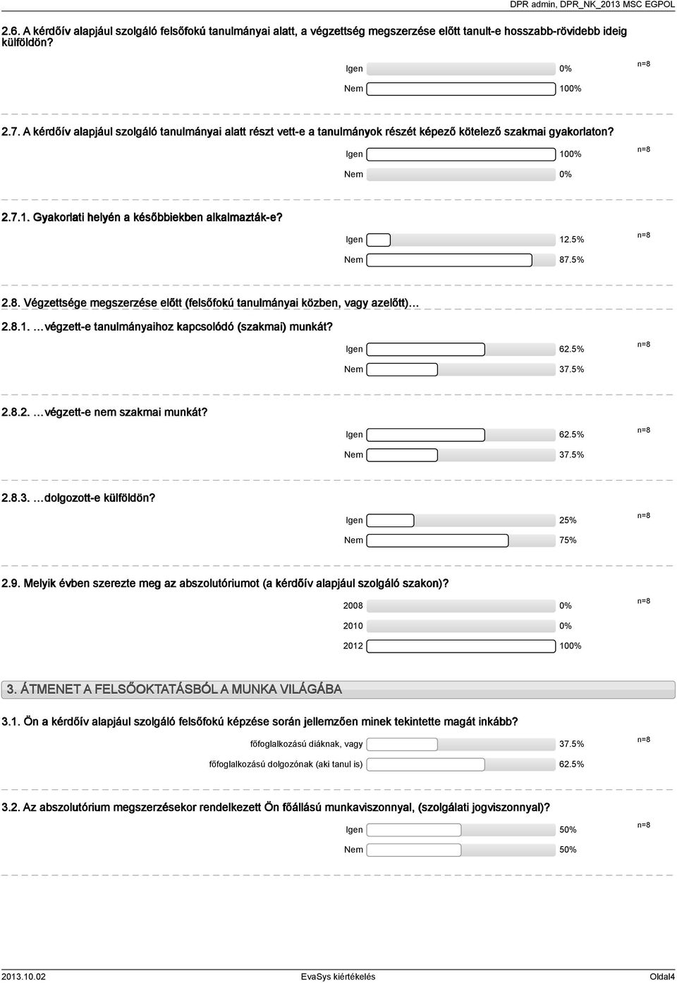 .%.8. Végzettsége megszerzése előtt (felsőfokú tanulmányai közben, vagy azelőtt).8.. végzett-e tanulmányaihoz kapcsolódó (szakmai) munkát? Igen 6.% Nem 7.%.8.. végzett-e nem szakmai munkát? Igen 6.% Nem 7.%.8.. dolgozott-e külföldön?