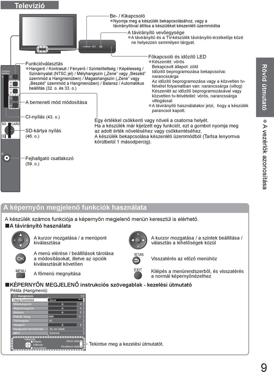 Common Interface F AV Funkcióválasztás Hangerő / Kontraszt / Fényerő / Színtelítettség / Képélesség / Színárnyalat (NTSC jel) / Mélyhangszín ( Zene vagy Beszéd üzemmód a Hangmenüben) / Magashangszín