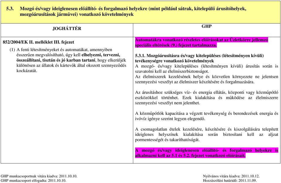 okozott szennyeződés kockázatát. GHP Automatákra vonatkozó részletes előírásokat az Üzletkörre jellemző speciális eltérések (9.) fejezet tartalmazza. 5.3.1.