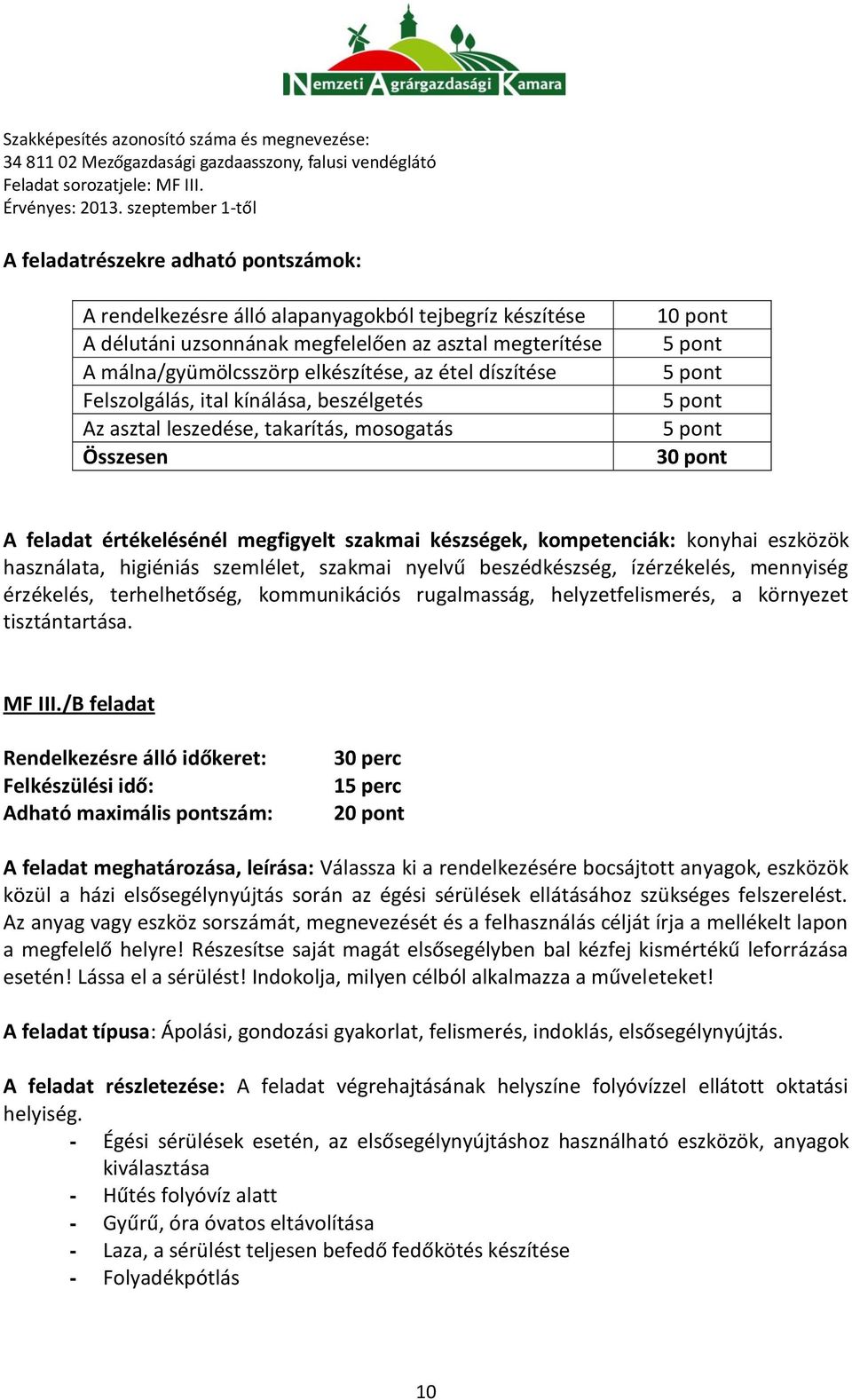 használata, higiéniás szemlélet, szakmai nyelvű beszédkészség, ízérzékelés, mennyiség érzékelés, terhelhetőség, kommunikációs rugalmasság, helyzetfelismerés, a környezet tisztántartása. MF III.