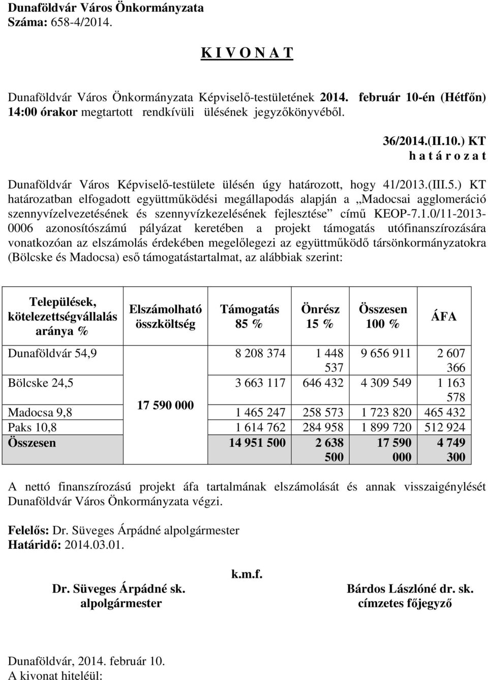 0/11-2013- 0006 azonosítószámú pályázat keretében a projekt támogatás utófinanszírozására vonatkozóan az elszámolás érdekében megelőlegezi az együttműködő társönkormányzatokra (Bölcske és Madocsa)