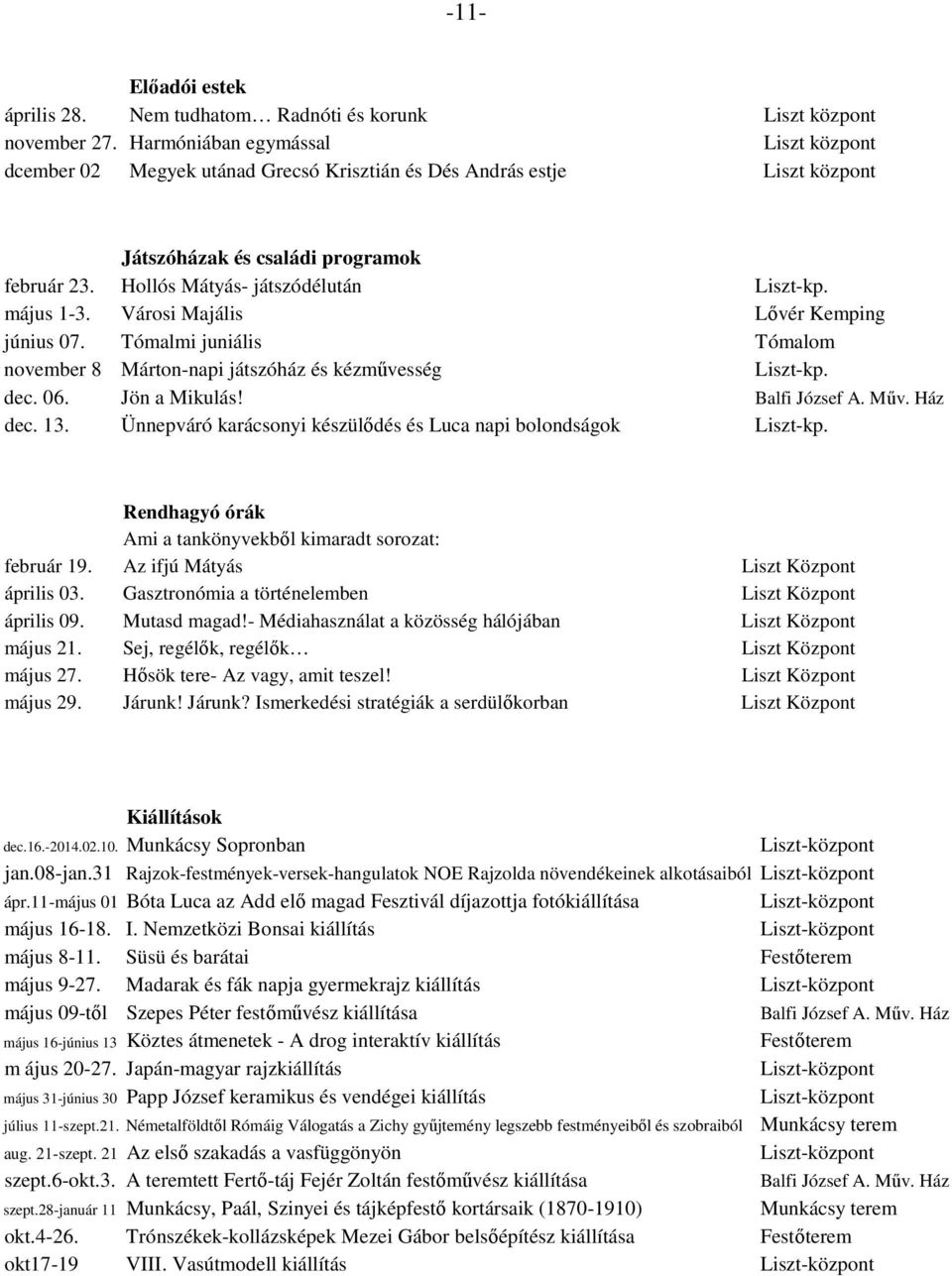 május 1-3. Városi Majális Lővér Kemping június 07. Tómalmi juniális Tómalom november 8 Márton-napi játszóház és kézművesség Liszt-kp. dec. 06. Jön a Mikulás! Balfi József A. Műv. Ház dec. 13.