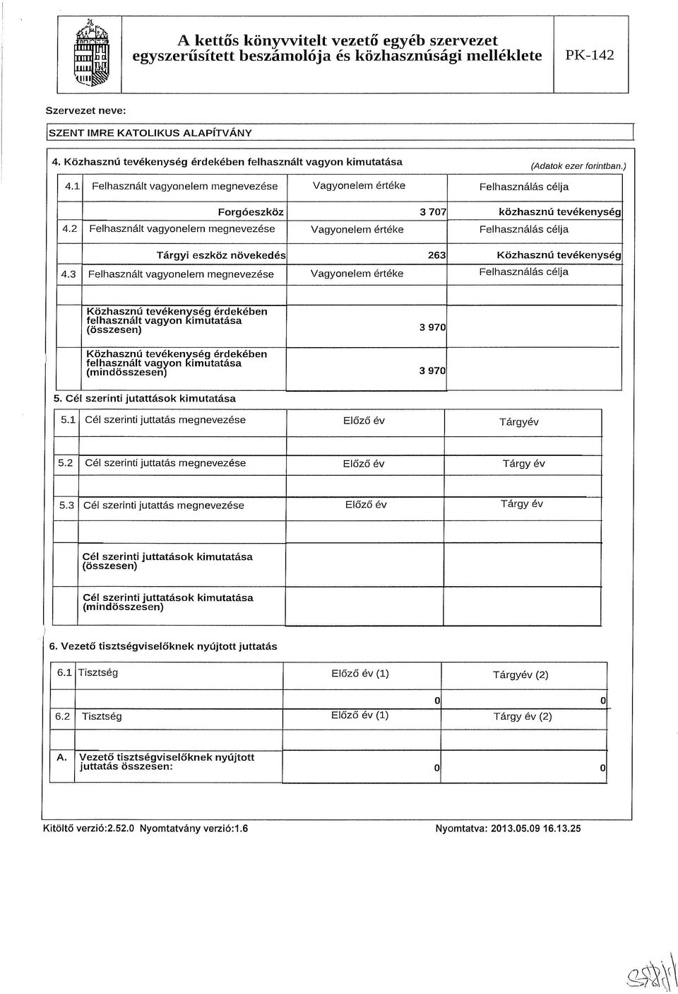 2 Felhasznált vagyonelem megnevezése Vagyonelem értéke Felhasználás célja Tárgyi eszköz növekedés 263 Közhasznú tevékenység 4.