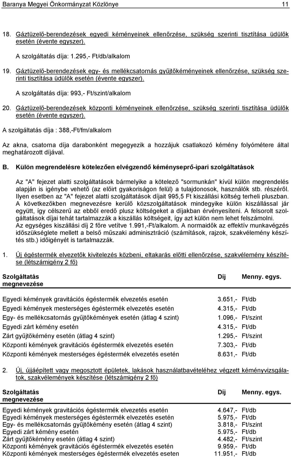 A szolgáltatás díja: 993,- Ft/szint/alkalom 20. Gáztüzelő-berendezések központi kéményeinek ellenőrzése, szükség szerinti tisztítása üdülők esetén (évente egyszer).