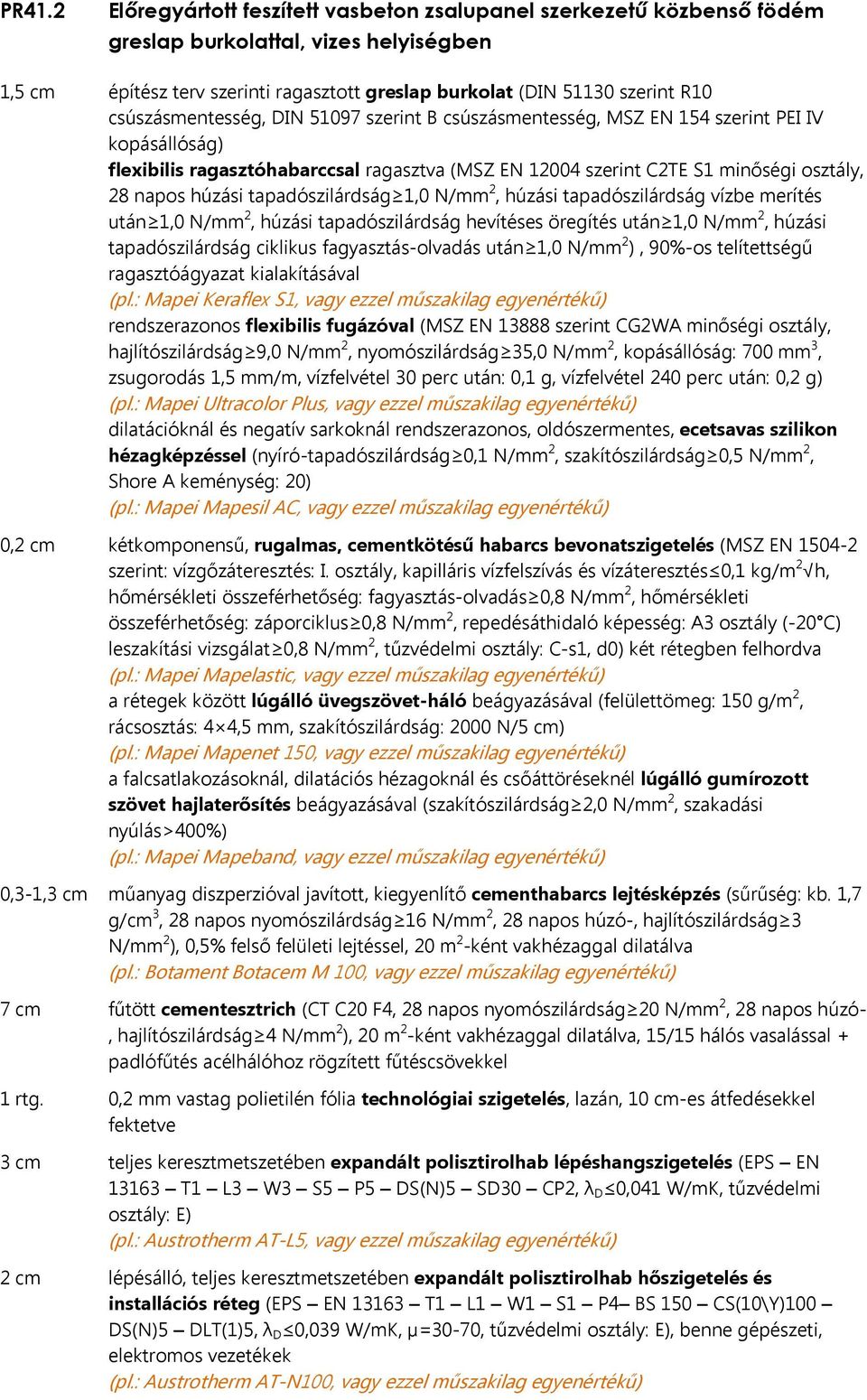 tapadószilárdság 1,0 N/mm 2, húzási tapadószilárdság vízbe merítés után 1,0 N/mm 2, húzási tapadószilárdság hevítéses öregítés után 1,0 N/mm 2, húzási tapadószilárdság ciklikus fagyasztás-olvadás