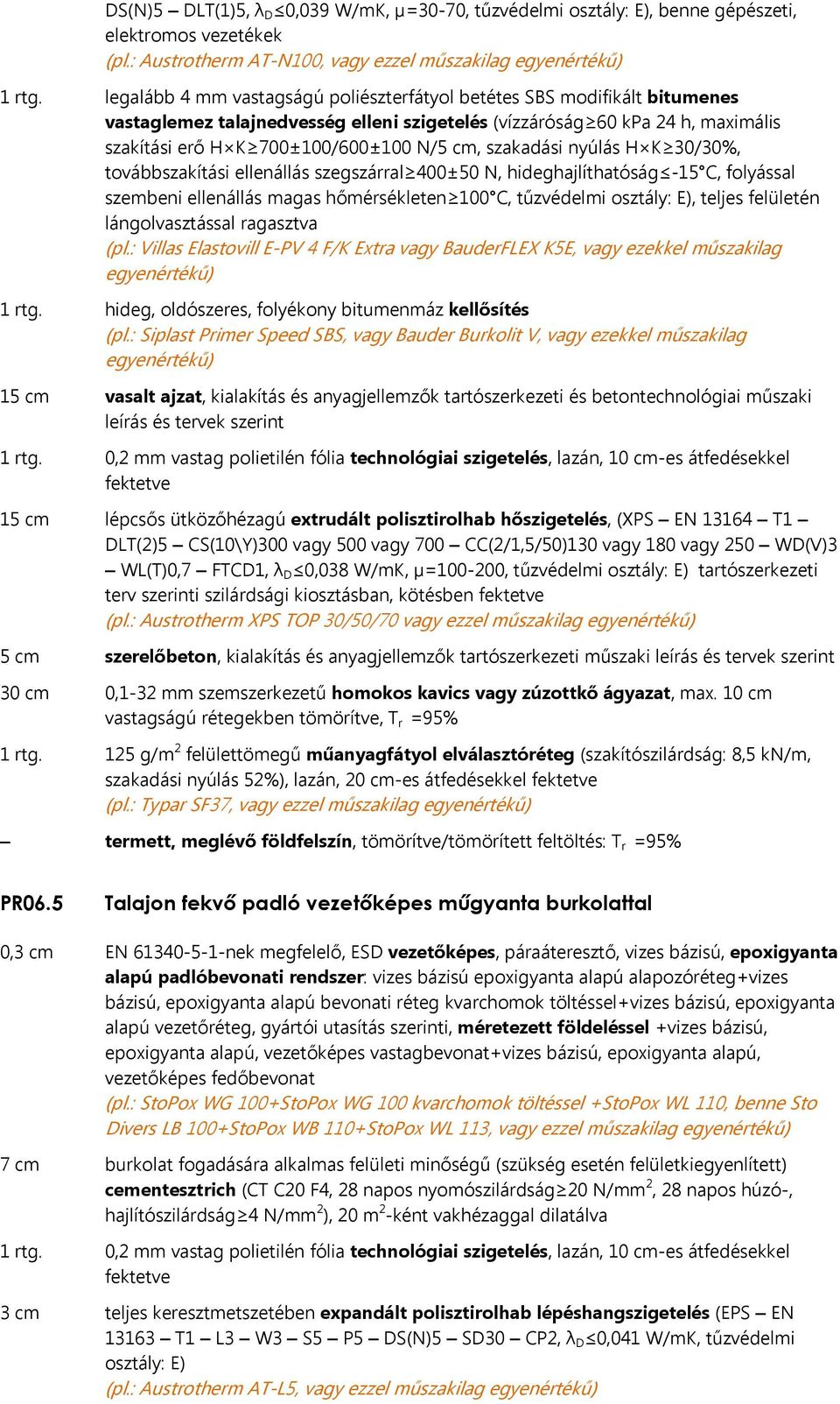 szakadási nyúlás H K 30/30%, továbbszakítási ellenállás szegszárral 400±50 N, hideghajlíthatóság -15 C, folyással szembeni ellenállás magas hőmérsékleten 100 C, tűzvédelmi, teljes felületén