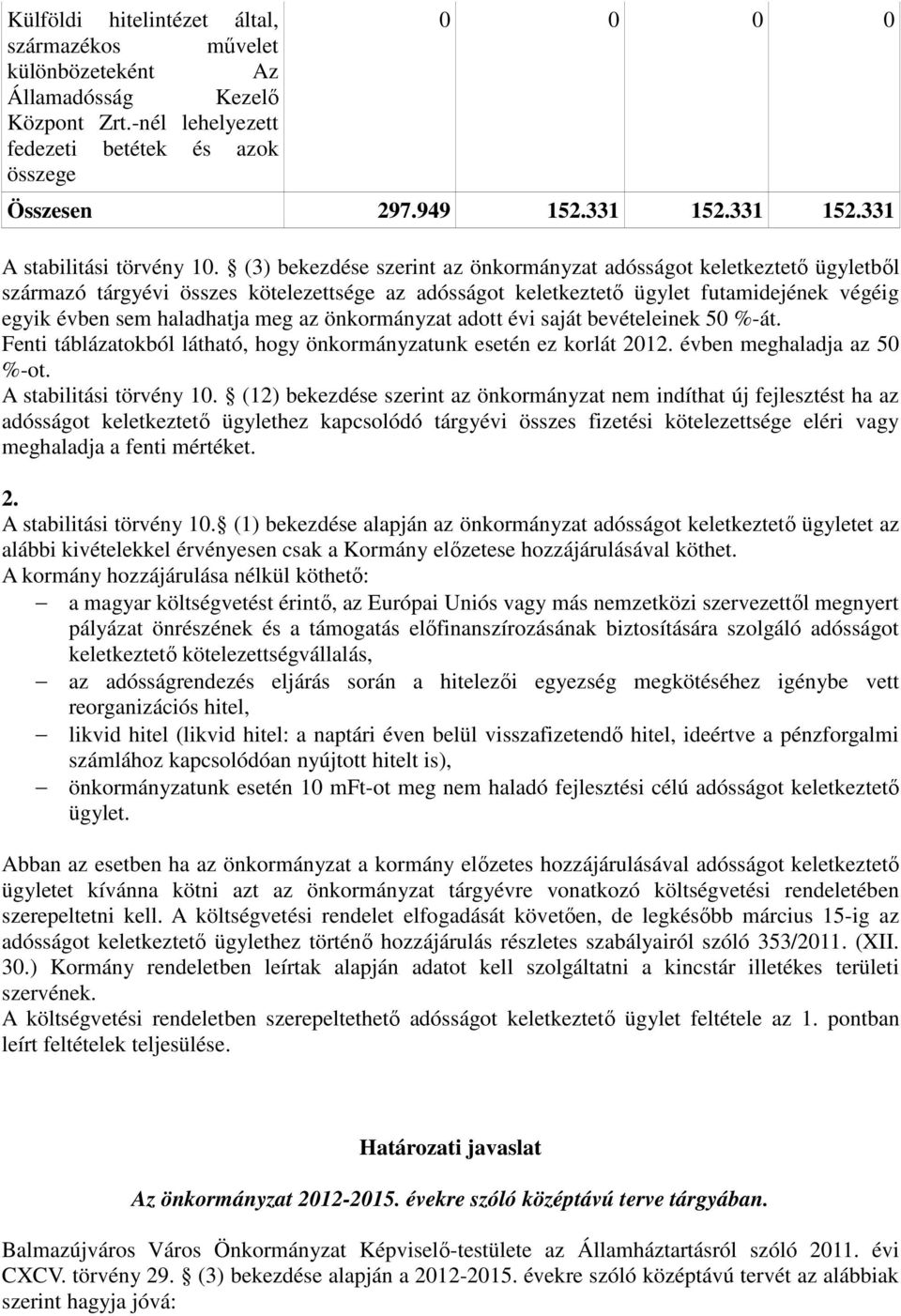 (3) bekezdése szerint az önkormányzat adósságot keletkeztetı ügyletbıl származó tárgyévi összes kötelezettsége az adósságot keletkeztetı ügylet futamidejének végéig egyik évben sem haladhatja meg az